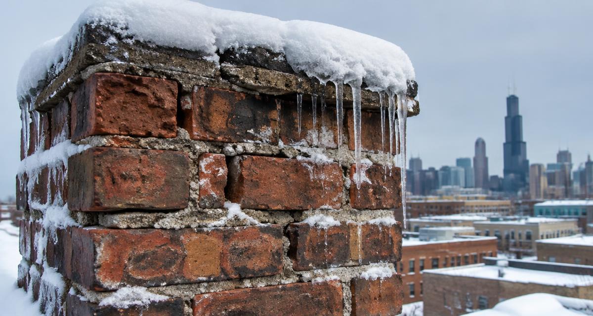 Snow-covered brick chimney with crumbling mortar and icicles on a Chicago rooftop
