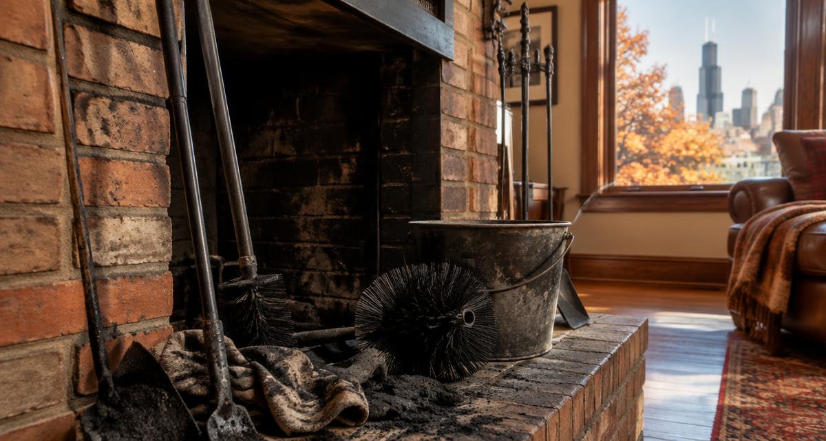 Chimney sweep brushes and a soot bucket beside a brick fireplace in a Chicago living room