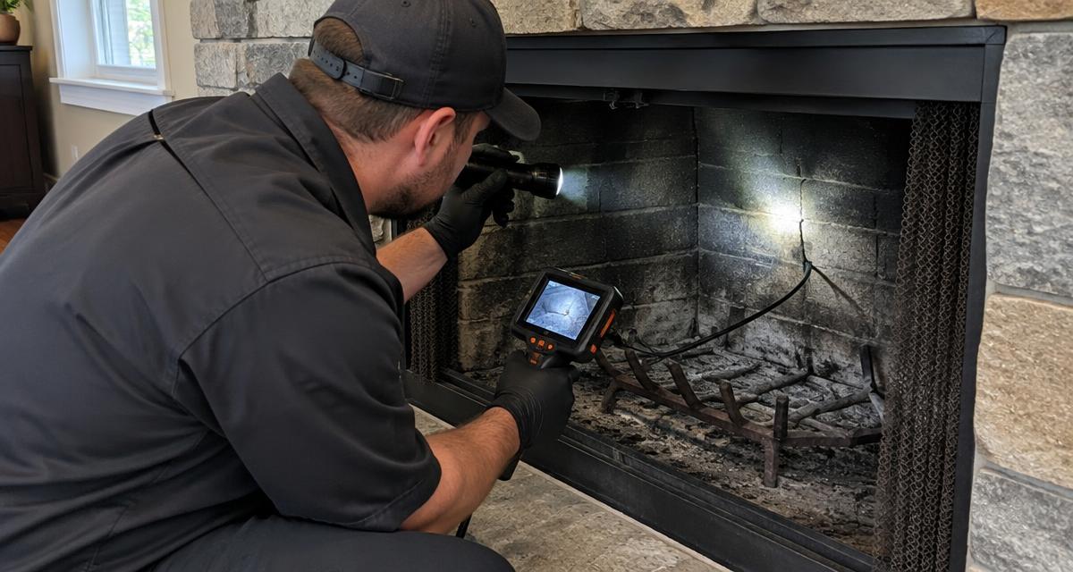 Chimney technician using a flashlight and inspection camera inside a fireplace