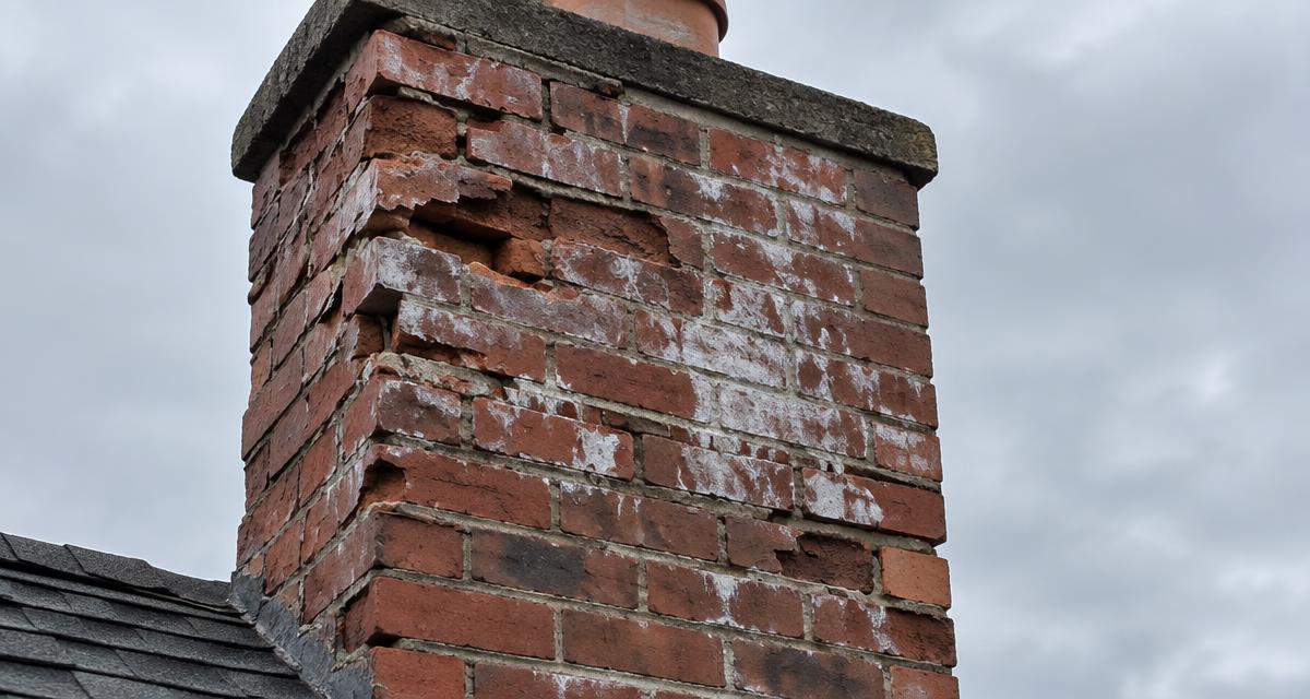 Brick chimney with spalling bricks, white efflorescence staining and missing mortar